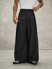 PAVTROS Men's Solid Color Pleated Wide Leg Loose Casual Pants With Side Pockets - Khaki - View 5