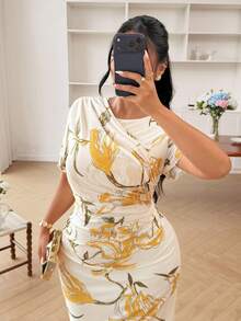 Modelyn Elegant Mesh Floral Print Round Neck Short Sleeve Ruched Regular Spring/Summer Plus Size Dress - Multicolor - View 7