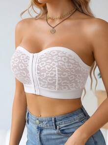 SHEIN Elacene 1件女款前扣式豹紋印花抹胸內衣，附絲綢緞帶與防滑矽膠 - 白色 - 查看 3