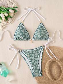Vaytide Spring/Summer New Women's Two-Piece Beach Bikini Sexy Swimsuit Set With Floral Ruffle Design, Cute And Sweet - Green - View 2