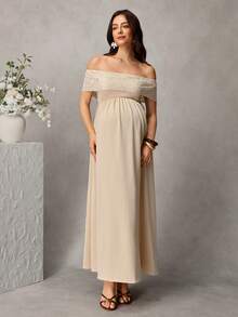 Momance -D Women's Solid Color Off-Shoulder Ruffle Embroidered Maternity Dress, Suitable For Spring/Summer Vacation/Casual Wear - Khaki - View 4