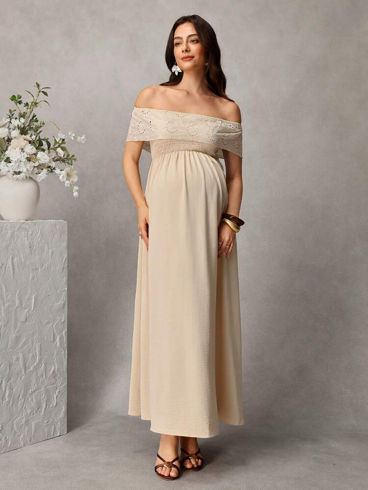 Momance -D Women's Solid Color Off-Shoulder Ruffle Embroidered Maternity Dress, Suitable For Spring/Summer Vacation/Casual Wear - Khaki - View 4