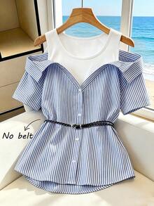 Franclia Women's Summer Blue And White Stripe Patchwork Loose Fashionable Casual Shirt,Holiday Vacation Blouse For Daily Wear,Wedding,Dinner Party,Commute - Multicolor - View 4