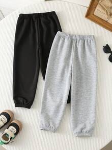 SHEIN 2 piezas Pantalones largos holgados bordados cómodos y casuales para uso diario para niños y jóvenes, Compra 1 y Llévate 1 Gratis, Ropa de invierno para niños, Ropa de otoño, Negro, Caqui, Chándal, Adecuado para la escuela, el jardín, la playa, el cumpleaños, las estaciones de otoño e invierno - Multicolor - Ver 4