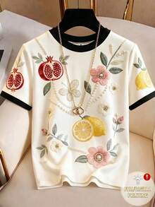 GlowEve Women's Casual Cute Colorblock Round Neck Short Sleeve T-Shirt, Summer Style Tea Party White And Blue Floral - Multicolor - View 7