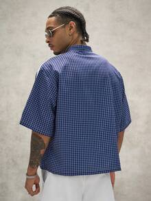 PAVTROS Men's Navy Blue Plaid Chinese Frog Button Boxy Cropped Short Sleeve Shirt,Side Stripes Embroidery Streetwear Summer Vacation Gift For Him - Navy Blue - View 2