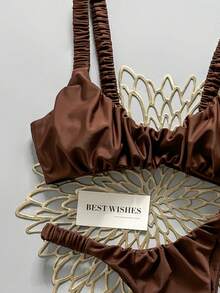 Swim Mod Women's Spring/Summer Solid Color Thick Strap Ruched High Cut Sexy Bikini Set - Brown - View 3