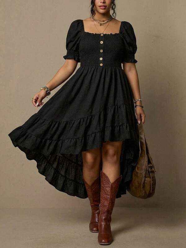 Freevana Women's Boho Country Style | Black Vintage Square Neck Puff Sleeve Smocked Bodice Dress - High Low Asymmetrical Ruffle Hem Flowy Maxi Dress