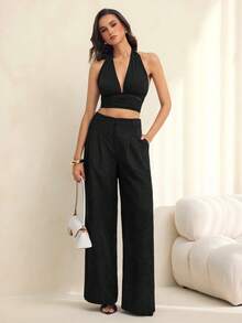SHEIN Tall 女款休閒百搭純色寬腿長褲 職場辦公素面黑色 秋冬款 - 黑色 - 查看 4