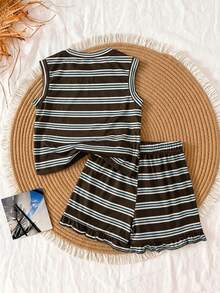 SHEIN Vintaside Kids 復古棕色條紋少女背心上衣套裝，無袖圓領搭配同款條紋短褲，柔軟親膚，版型俐落，打造清新時尚的少女造型，適合夏季穿著 - 棕色 - 查看 5