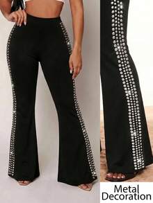 SHEIN SXY Plus-Size Women's Black High-Elastic Knit High-Waist Flared Trousers With Metallic Side Embellishments.Music Festival,Date Night,Casual,Street Wear - Black - View 1