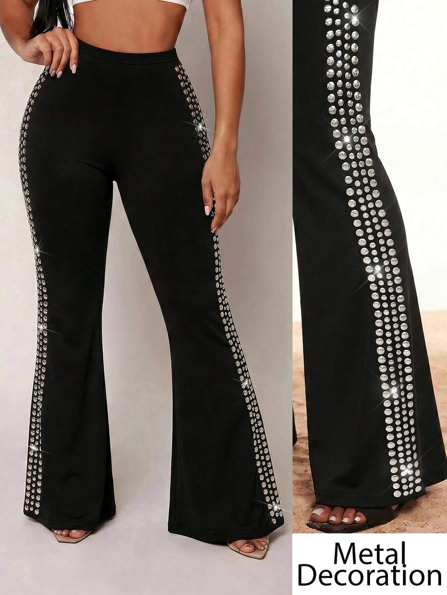 SHEIN SXY Plus-Size Women's Black High-Elastic Knit High-Waist Flared Trousers With Metallic Side Embellishments.Music Festival,Date Night,Casual,Street Wear - Black - View 1