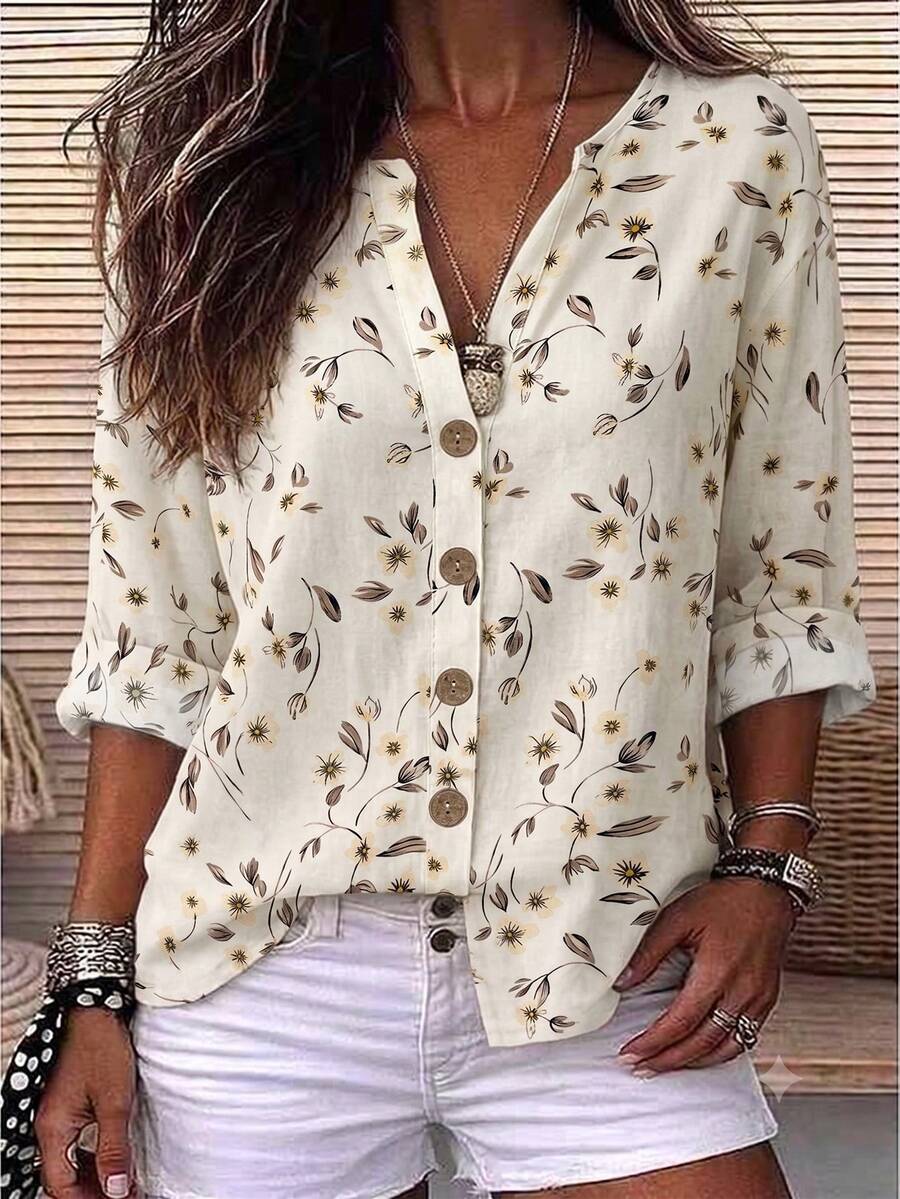 EMERY ROSE Women's Woven Printed Casual Resort Autumn Blouse