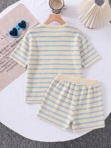 Conjunto de 2 piezas con manga corta & pantalones cortos con estampado de dibujos animados simple y casual para niña joven, adecuado para el verano - Multicolor - Ver 5