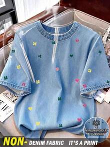 Resyla Kaos Wanita Ukuran Besar Kasual dengan Bordir Bunga dan Kerah Bulat - MultiWarna - View 1