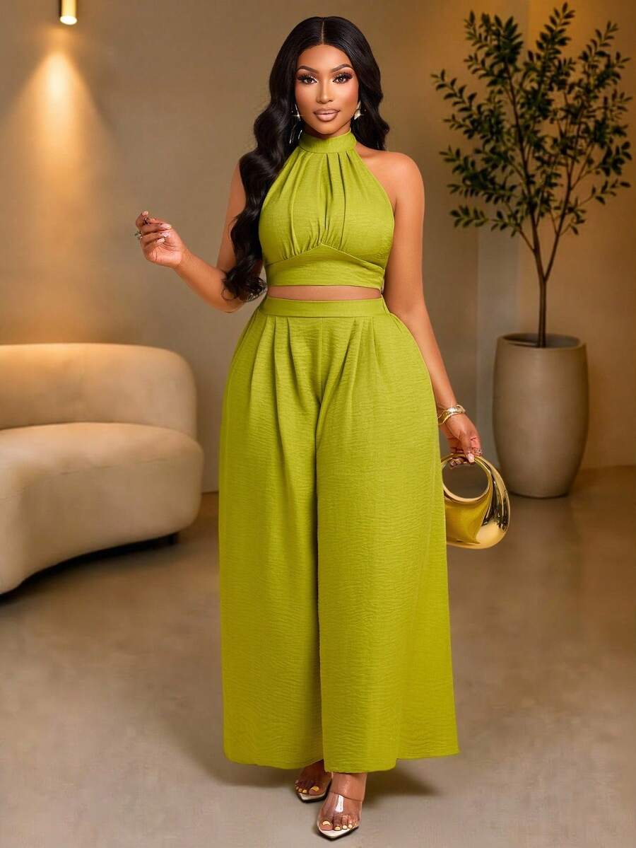 Brilight Summer Women's Olive Green Textured Halter Neck Crop Top Wide Leg Pants Set Vacation Tropical Brunch Elegant - Green - View 1