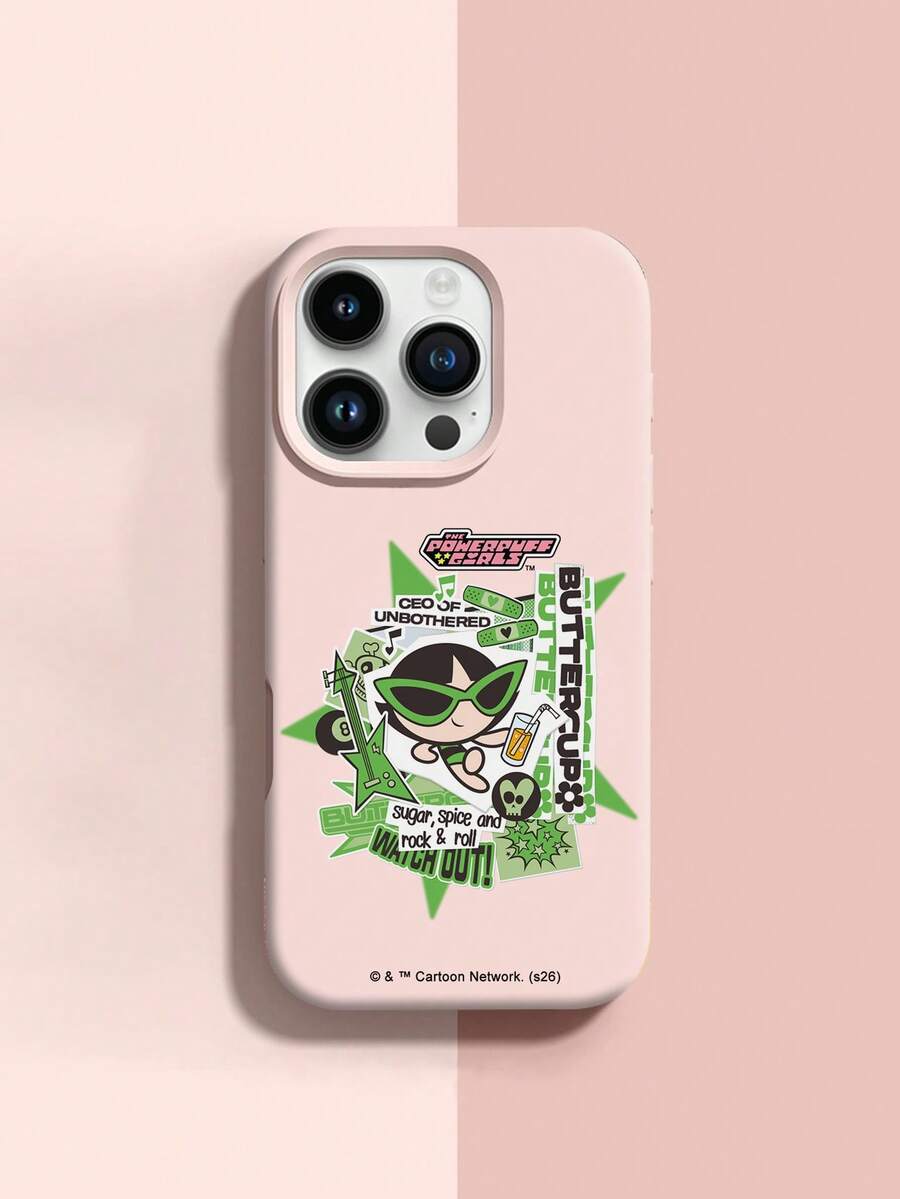THE POWERPUFF GIRLS X SHEIN The Powerpuff Girls Buttercup Cool Fashion Glasses Rock Cartoon Sticker Collage Graphic Star Guitar Bandage Drink Skull Music Note Letter Element Leather Grain Pink Skin Friendly Shockproof Anti-Drop Protective Phone Case Compatible With Apple IPhone 13/14/15/15Pro/16/16Pro/17Pro, Best Selling Daily Aesthetic Cover - Multicolor - View 1