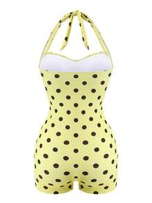 Swim Vcay Damen Strandurlaub Punkt Muster Plissee Neckholder Einteiler Badeanzug Shorts - Verschiedenfarbig - Übersicht 2