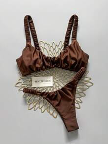 Swim Mod Women's Spring/Summer Solid Color Thick Strap Ruched High Cut Sexy Bikini Set - Brown - View 1
