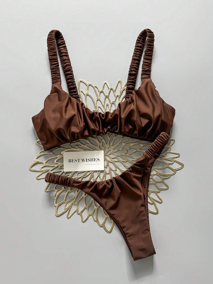Swim Mod Women's Spring/Summer Solid Color Thick Strap Ruched High Cut Sexy Bikini Set - Brown - View 1