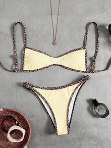 Swim Mod 女款兩件式比基尼套裝，性感豹紋與熱帶印花，雙肩帶，後綁帶，度假休閒風格比基尼套裝 - 彩色 - 查看 2