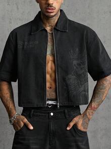 AXEPEAK Men's Skull Pattern Laser Laser-Cut Zipper Washed Denim Shirt - Black - View 6