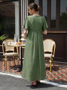 Momance Vestido de maternidad casual con estampado de lunares, manga larga con volantes y abertura - Verde Oliva - Ver 3
