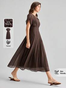 Ontre Lyocell Fabric Women's Comfortable V-Neck Slightly Wide Design Cinched Waist Full Skirt Vacation Elegant Tea Party Summer Dark Brown - Brown - View 7