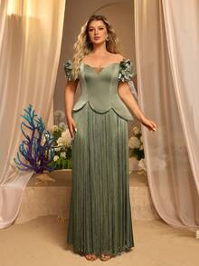 Glamrae Plus Size Elegant Formal Sage Green Off-Shoulder 3D Flower Mesh Extra Long Asymmetrical Satin Patchwork Tassel Mermaid Evening Gown Wedding Dinner - Green - View 8