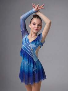 Tween Girl Rhinestone Ruffle Sports Dress Group Competitions, Individual Training, Etc., Autumn Winter, Fall, Back To School, Tennis, Dance, Active - Multicolor - View 2