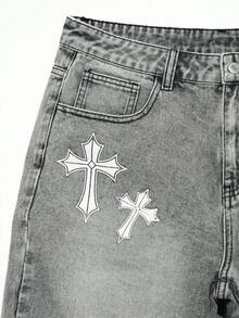 Manfinity EMRG Shorts de mezclilla gris lavada con cruz estilo hip hop callejero gótico para hombre - Gris - Ver 3