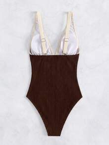 Swim Vcay Women's Colorblock Ruched One-Piece Swimsuit, Suitable For Beach Vacation, Pool Party, Beach Party - Coffee Brown - View 5