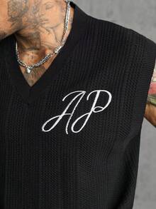 AXEPEAK Men's Letter Embroidered V-Neck Casual Knit Vest - Black - View 5