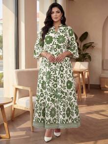 Auveirra Große Größen Damen Kleid mit Blume Muster, weitem Ärmel und Rüschensaum für den Strand - Verschiedenfarbig - Übersicht 5
