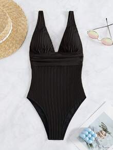 Swim Vcay Traje de baño de una pieza de unicolor para vacaciones en la playa - Negro - Ver 3