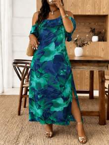 Breezaya Vestido de vacaciones para mujer de talla grande con estampado floral, dobladillo con volantes y abertura lateral, primavera/verano/otoño - Multicolor - View 4