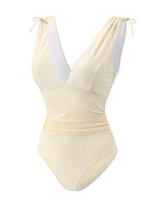Swim Vcay 女款一件式抽繩深V領無鋼圈比基尼泳衣 - 米色 - 查看 9