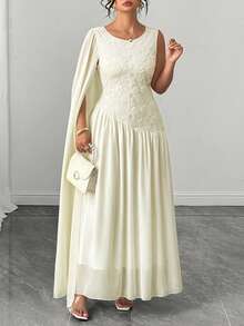 Elenzga Plus Size Women's Floral Sequin Round Neck Pleated Elegant Dress - Beige - View 7