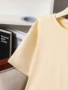 Tween Girls T-Shirt, Round Neck T-Shirt With Lace Trim Hem, Casual Versatile Comfortable, Perfect For Daily, Outings, School And Other Occasions - Apricot - View 4