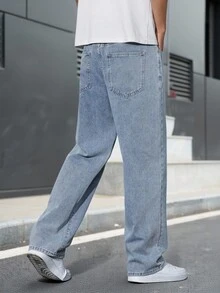 Manfinity Homme Loose Fit Men's Slant Pocket Straight Leg Jeans Men's Light Wash Wide Leg Jeans - Light Wash - View 2