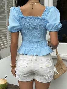 Sunnyshic Blouse courte bleu clair à col carré, volants, manches bouffantes et taille froncée - Bleu ciel - Voir 2