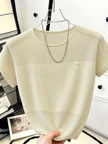 EMERY ROSE Top de punto holgado de talla grande para mujer, estilo casual de primavera/otoño: simple, versátil y transpirable. Con panel de malla, cuello redondo y manga corta, perfecto para primavera y otoño - Albaricoque - Ver 5