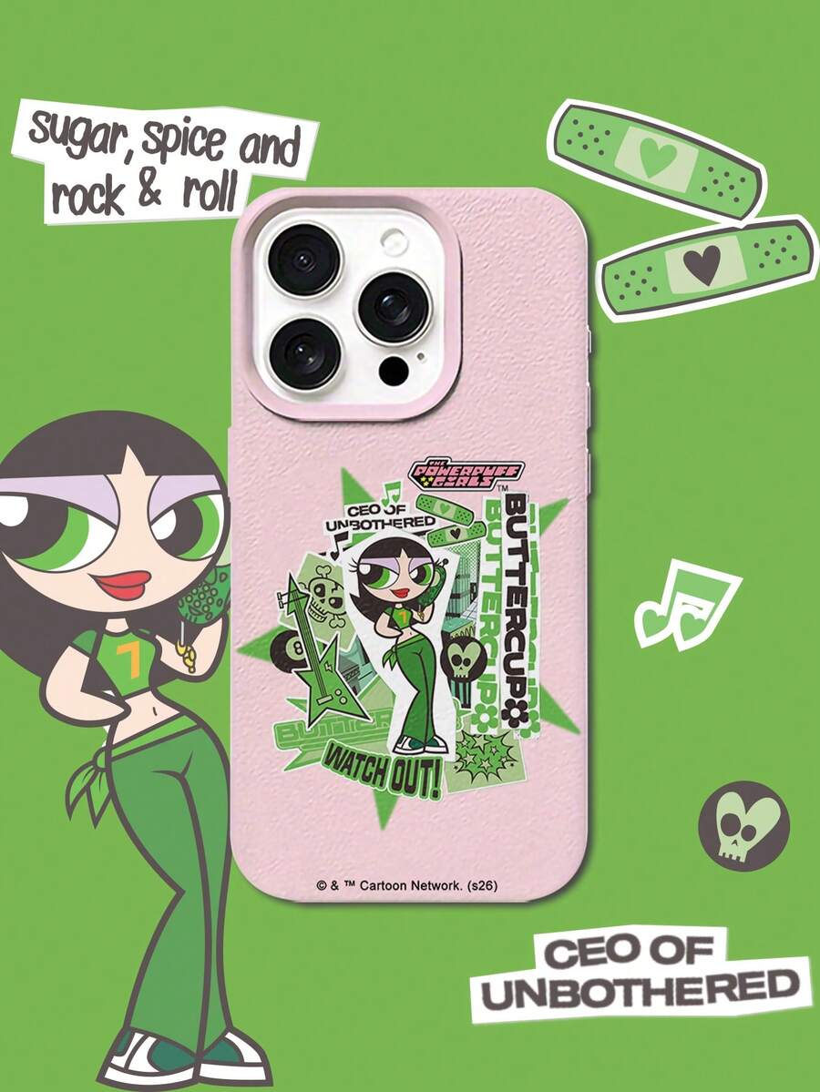 THE POWERPUFF GIRLS X SHEIN The Powerpuff Girls 辣妹 Buttercup 卡通貼紙拼貼圖案 星星 吉他 骷髏 繃帶 音符 字母元素 皮革紋理 粉色 親膚 防震 防摔 保護手機殼,適用於 Apple iPhone 13/14/15/15Pro/16/16Pro/17Pro,熱銷日常美學保護殼 - 彩色 - 查看 1