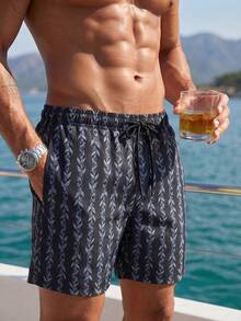 Manfinity Swimmode Celana Pendek Pantai Pria Motif Cetak Seluruh Permukaan dengan Tali Serut di Pinggang dan Kantong, Cocok untuk Liburan / Pantai / Hawaii / Tropis / Berenang / Mandi - Hitam dan Putih - View 3