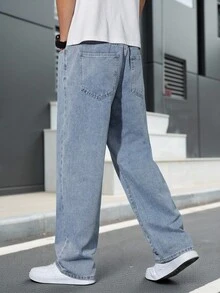 Manfinity Homme Loose Fit Men's Slant Pocket Straight Leg Jeans Men's Light Wash Wide Leg Jeans - Light Wash - View 6