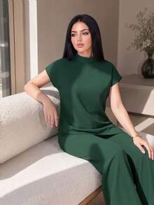 Auveirra 2025 New Plus Size Women Dark Green Solid Loose Asymmetric Hem Elegant Blouse Winter Valentine's Day New Year Party Green Wedding Guest Batwing Sleeve Top Fall Women Green Elegant Top - Dark Green - View 5