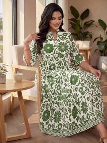 Auveirra Große Größen Damen Kleid mit Blume Muster, weitem Ärmel und Rüschensaum für den Strand - Verschiedenfarbig - Übersicht 3