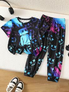 SHEIN 2pcs Young Boy Casual Vision Fluorescent Cartoon Pattern Round Neck Short Sleeve Shorts 2 Pieces Outfit Set, Suitable For Spring/Summer , Daily Wear, Sports, Outings, School, Parties, Festivals, Photoshoots - Black - View 4