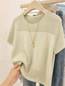 EMERY ROSE Top de punto holgado de talla grande para mujer, estilo casual de primavera/otoño: simple, versátil y transpirable. Con panel de malla, cuello redondo y manga corta, perfecto para primavera y otoño - Albaricoque - Ver 1