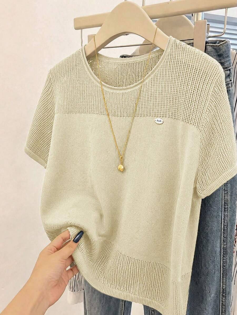 EMERY ROSE Top de punto holgado de talla grande para mujer, estilo casual de primavera/otoño: simple, versátil y transpirable. Con panel de malla, cuello redondo y manga corta, perfecto para primavera y otoño - Albaricoque - Ver 1
